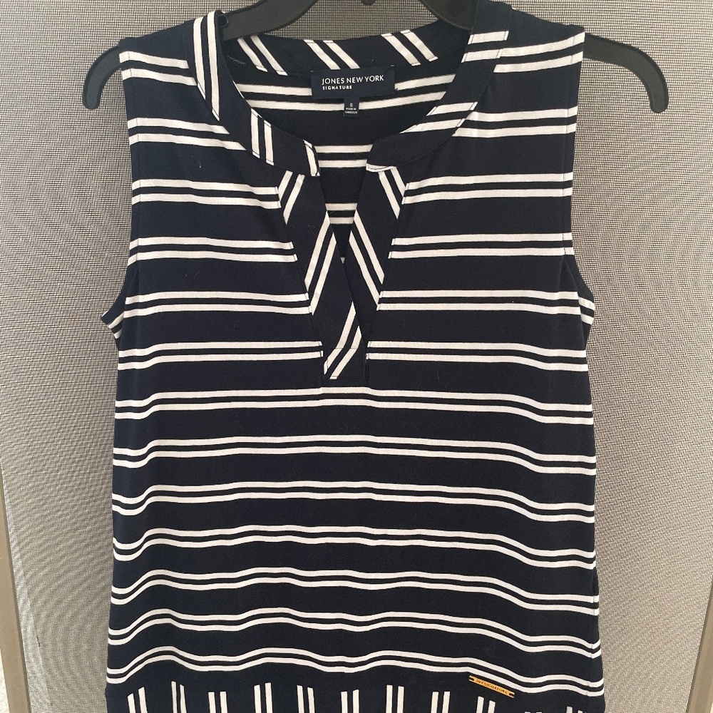 Jones New York Classic Sleeveless Navy White Blouse Small